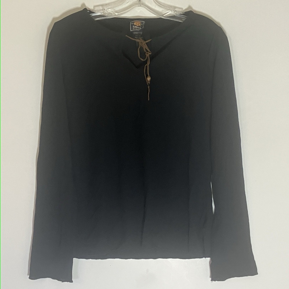Route 66 Top Womens Small Black Leather Tie Long Sleeve V Neck Vintage‎ Boho Y2K